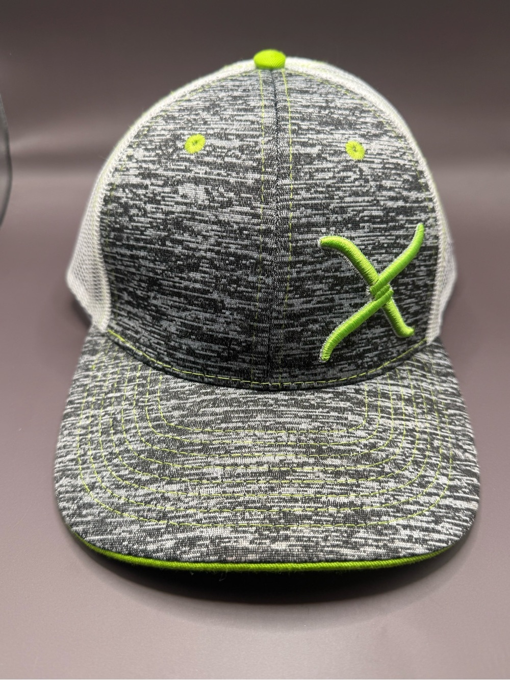 Twisted X Gray Mesh Cap with Neon Green Stitching & Red Logo Tag